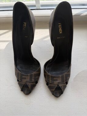 Fendi Brown Logo D’Orsay Peep-Toe Pumps with Signature FF Jacquard